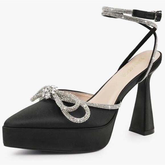 New Platform high heel almond toe ankle wrap around rhinestone bow satin 5.5 - Picture 1 of 16